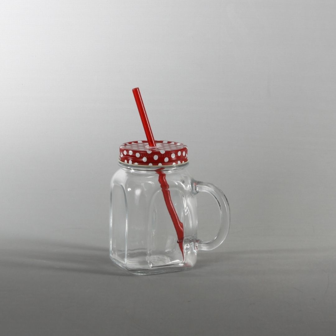 Pipetli Kavanoz Bardak 12 Adet Yeşil Kapaklı 450CC