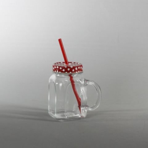 Pipetli Kavanoz Bardak 12 Adet Yeşil Kapaklı 450CC