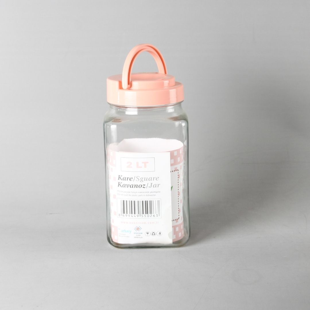 2 Litre Plastik Pembe Kapaklı Cam Kavanoz - 6 Adet